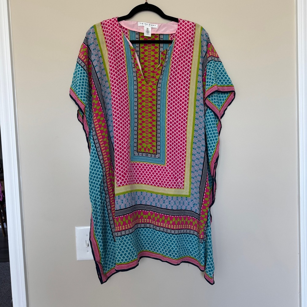 Trina Turk 100% Silk Kaftan Cover Up Geometric Print V-Neck M/L 2303331PD1